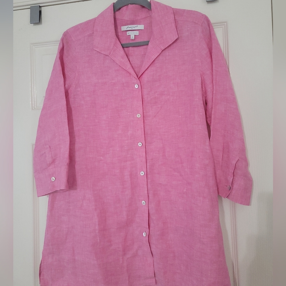 Foxcroft NYC Heritage Non-Iron 100% Linen Button Front Blouse Relaxed Size 8